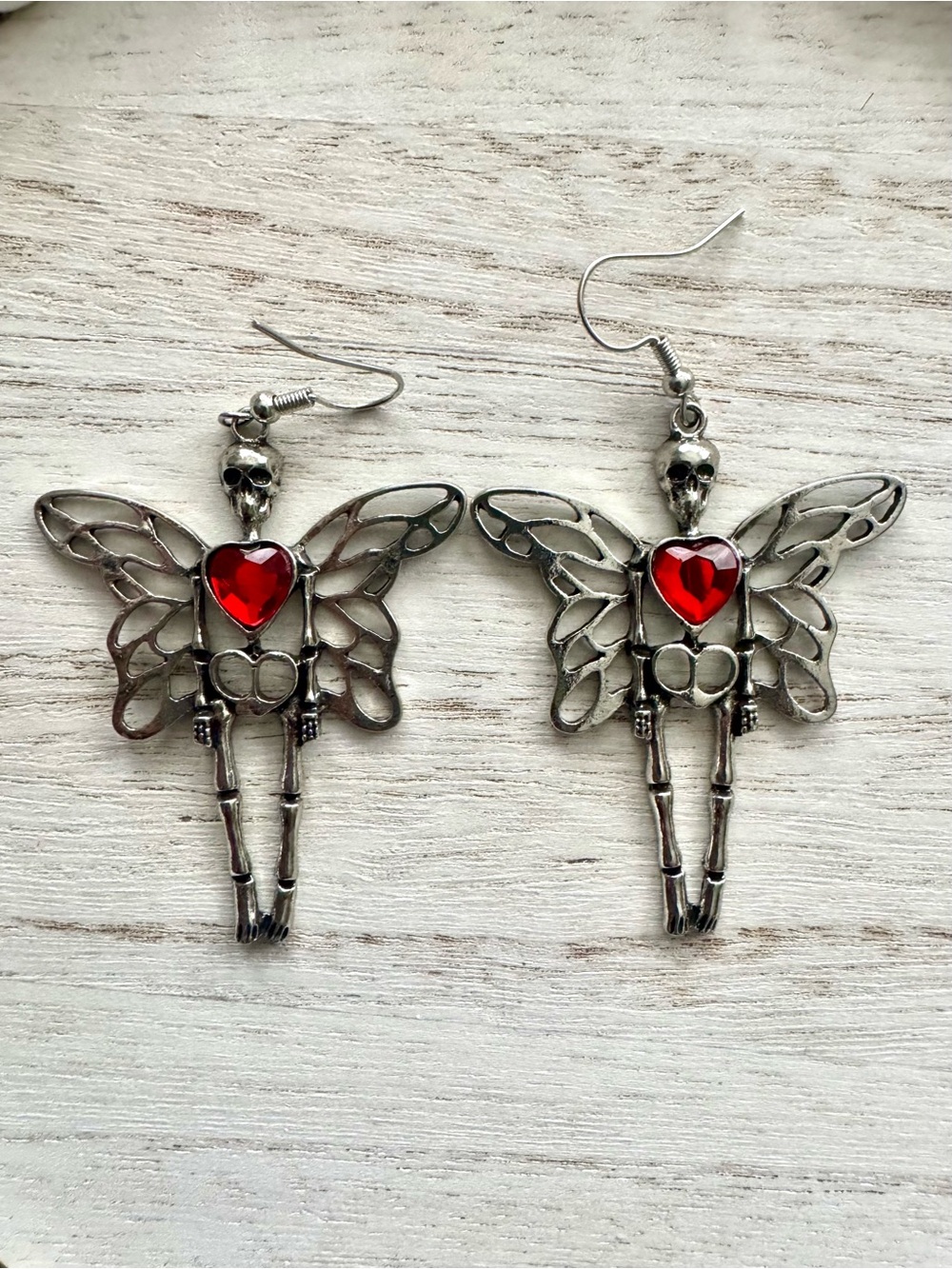 Silver Skeleton Fairy Earrings with Red Heart Gem 2” long - Picture 4 of 7